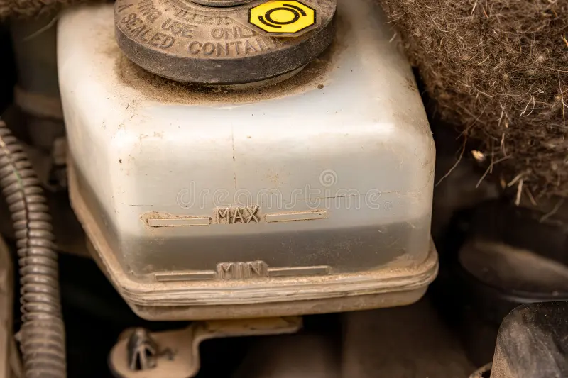 brake fluid reservoir level min max markings close up car s showing normal range marks indicating 401146338